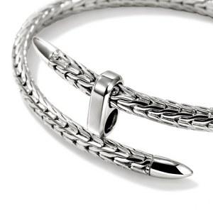 Close-up of Sterling Silver Spear Flex Cuff showcasing braided chain texture, spear end caps, and rectangular sliding accent on white background