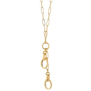 Gold paperclip necklace with 2 charm stations on a white background
