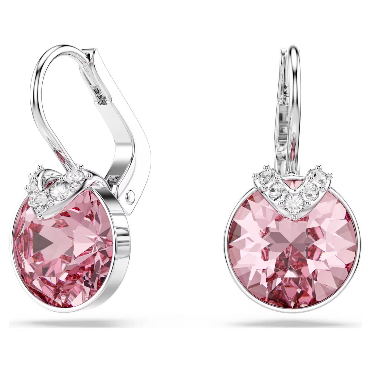 Close up front and side of Bella V Drop Earrings showcasing pink crystals and rhodium plated setting on white background