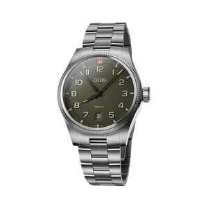 An Oris ProPilot watch with a dark olive green dial and a brushed silver stainless steel case and link bracelet, shown against a plain white background.