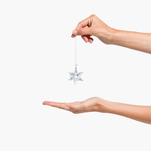 a hand holding a crystal hand ornament