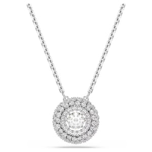 round cut necklace in silver tone on a white background