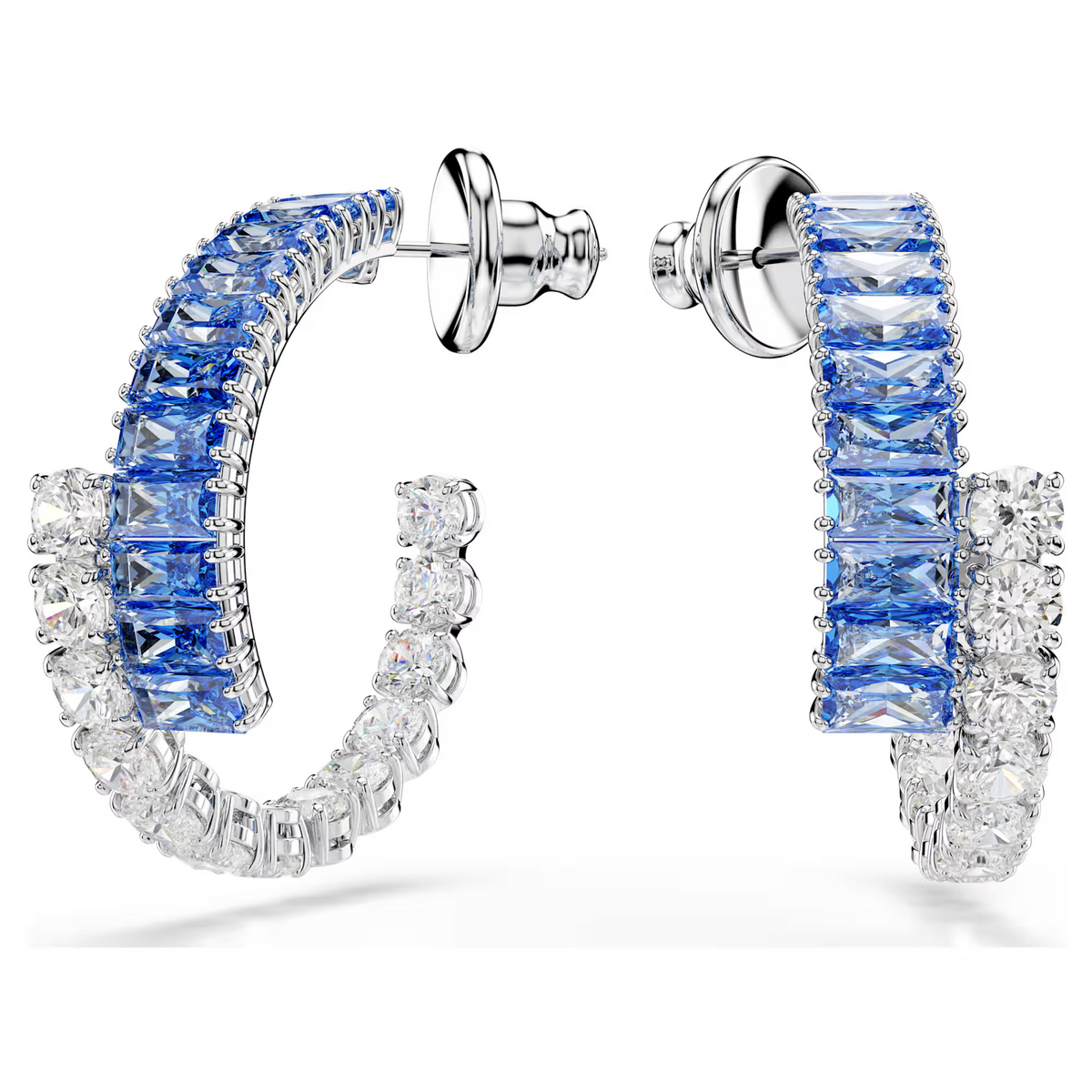 Front view of Matrix Hoop Earrings showcasing blue baguette and clear round stones set in white metal on white background