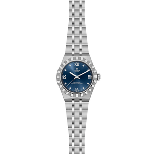 Silver watch with a blue dial on a white background