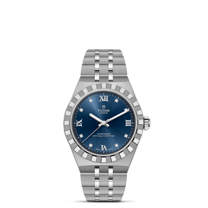 Silver Tudor watch with a blue dial on a white background