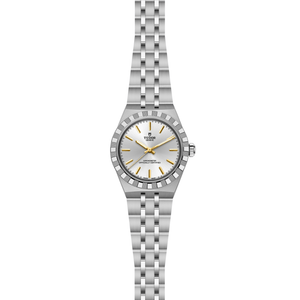 Front of TUDOR Royal 30mm steel watch showing silver dial, gold hour markers, and five-link steel bracelet on white background