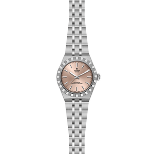 Front view of TUDOR Royal 30mm steel watch showcasing salmon dial and diamond-set bezel on white background