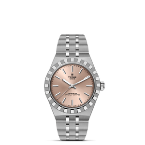 Silver watch with a Salmon face on a white background