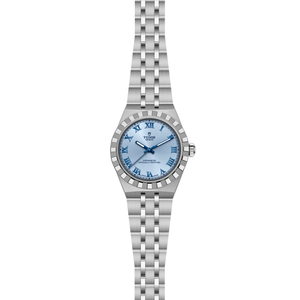 Silver watch with blue face on a white background