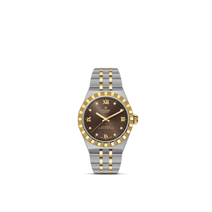 Front view of TUDOR Royal 30mm steel and yellow gold watch with brown dial, fluted gold bezel and two-tone bracelet