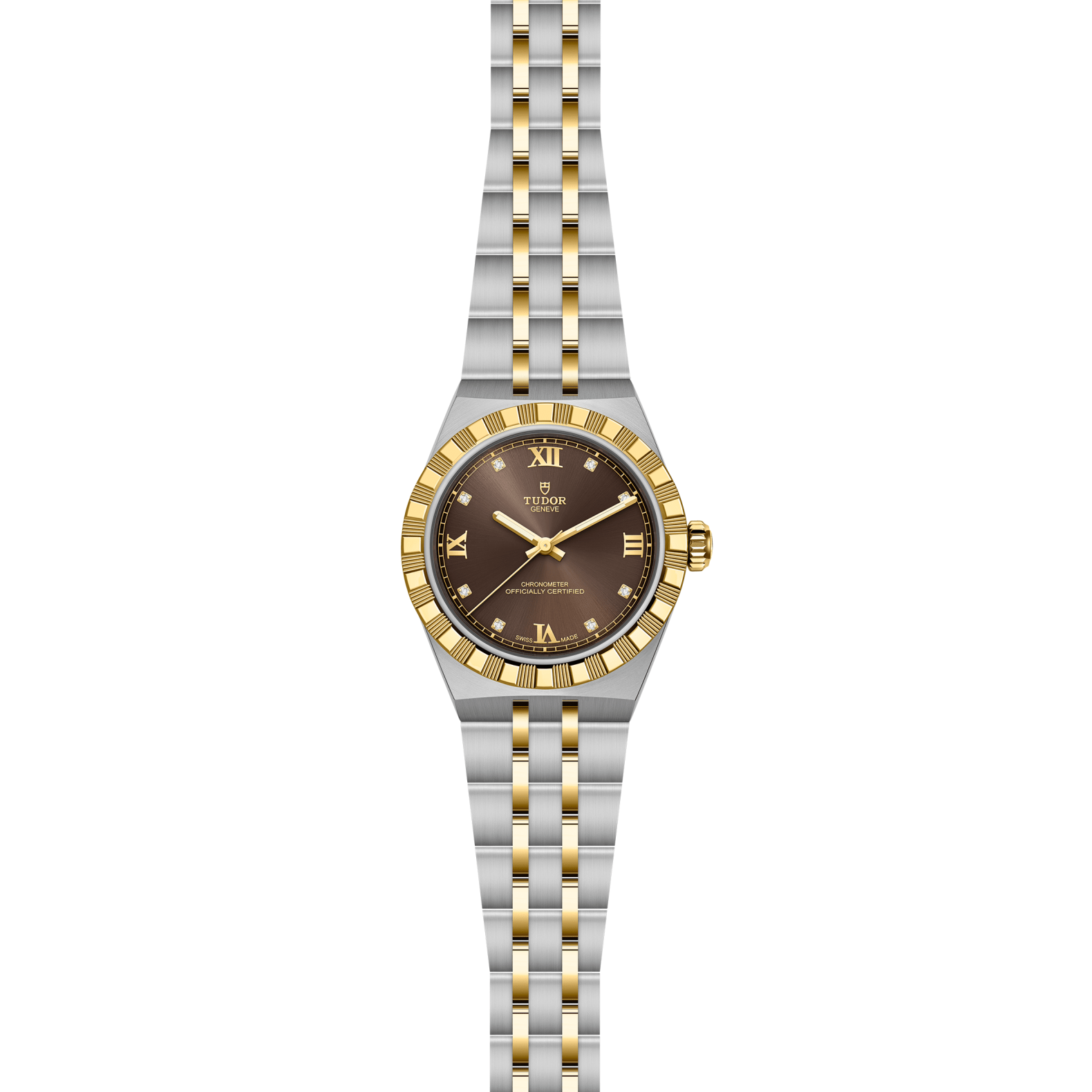 Tudor Royal 30mm front view showing brown dial with Roman numerals, yellow-gold bezel and two-tone steel-and-gold bracelet