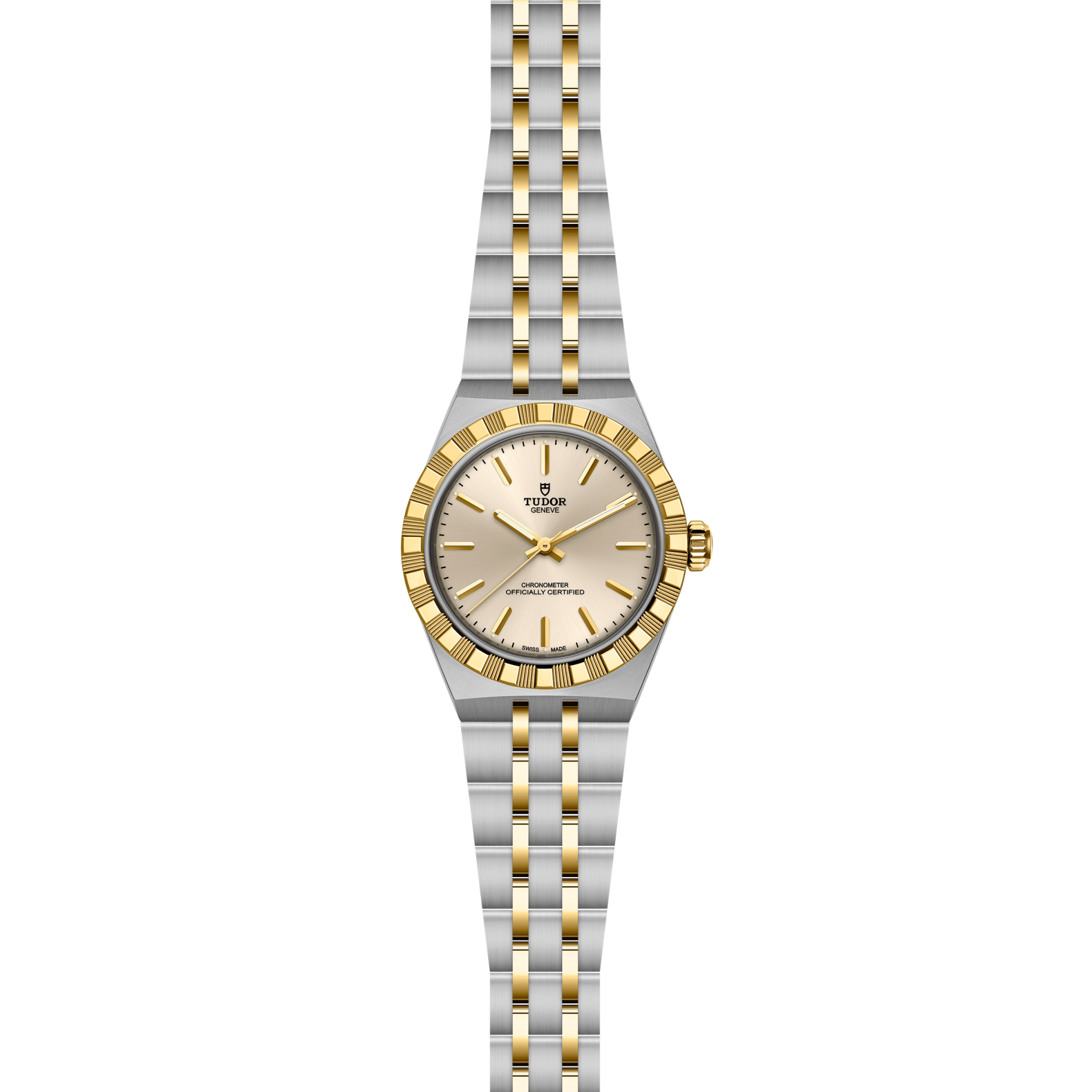 Front view of TUDOR Royal 30mm steel and yellow gold watch with ivory dial, fluted yellow-gold bezel and 5-link bracelet
