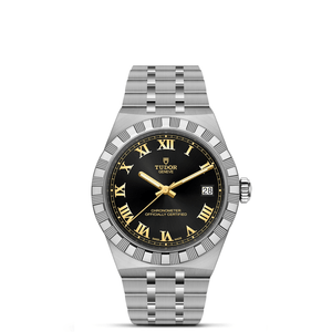 Front view of TUDOR Royal 36mm stainless steel watch showing black dial with gold Roman numerals and five-link stainless steel bracelet on white background