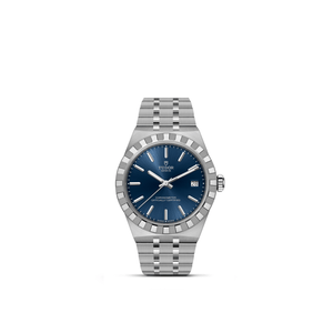Front view of TUDOR Royal 36mm stainless steel watch with blue dial, stick markers and 5-link bracelet