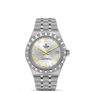 Front view of TUDOR Royal 36mm steel watch with silver dial, gold hour markers and hands, diamond-set bezel and five-link stainless bracelet