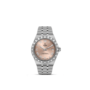 Front view of TUDOR Royal 36mm steel watch showing salmon dial and integrated 5-link stainless steel bracelet on white background