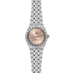 Front view of TUDOR Royal 36mm steel watch showcasing salmon rose-gold dial and five-link stainless steel bracelet on white background