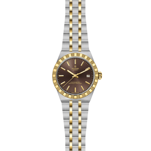 Two-tone watch with brown dial on a white background