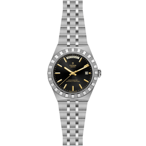 Front view of TUDOR Royal 40mm steel watch with black dial, gold hour markers, and five-link steel bracelet