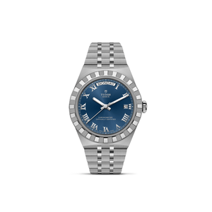 Front view of TUDOR Royal 40mm steel watch showcasing blue dial with Roman numerals and steel 5-link bracelet on white background