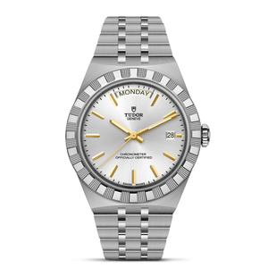 Silver Tudor watch with a white face and gold accents on a white background