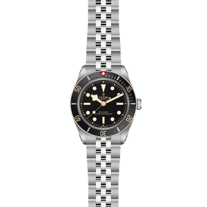 Front view of TUDOR Black Bay 58 39mm steel watch showcasing matte black domed dial and five-link stainless steel bracelet on white background