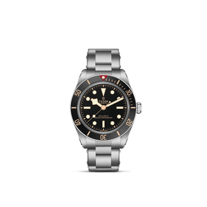 Tudor watch with black dial and silver bracelet on a white background
