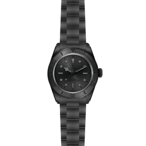 Front view of TUDOR Black Bay Ceramic watch showcasing matte black ceramic case and bracelet on white background