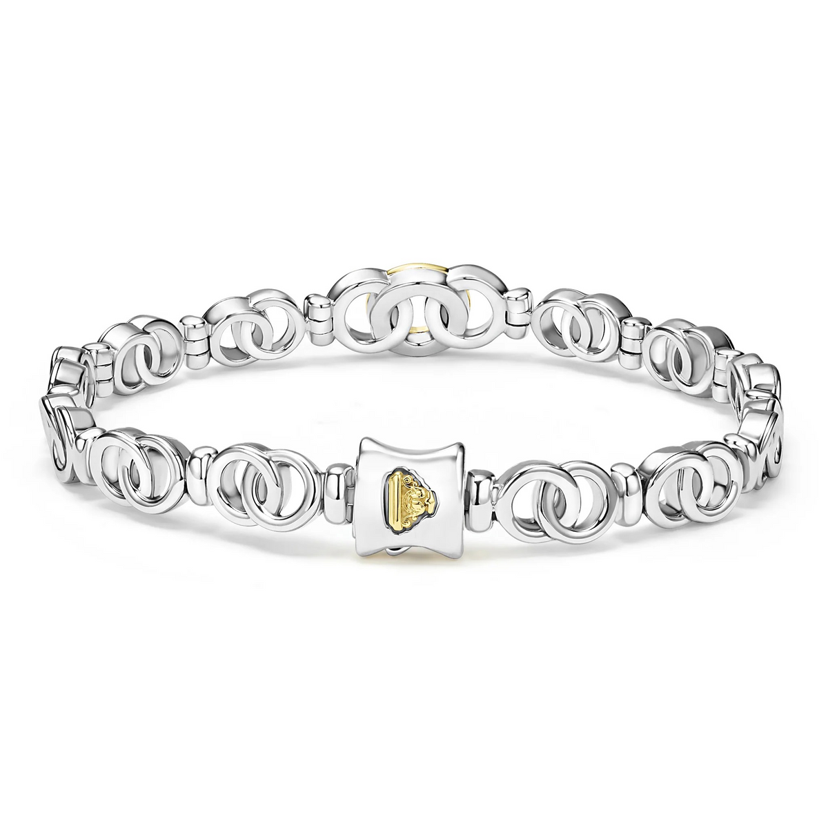 Close-up of two-tone bracelet showing interlocking circular links, 18K gold accents, sterling silver and 0.18ctw diamonds