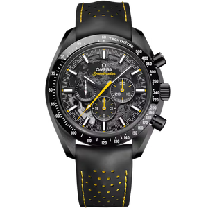 Omega Speed master, black dial with yellow highlights, black rubber strap on a white back ground