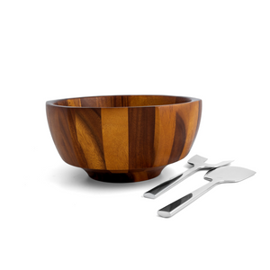 Three-quarter view of Rivet acacia wood salad bowl with 18/10 stainless steel servers on white background