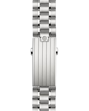 Omega logo shown on the clasp of a steel bracelet watch on a white backgound