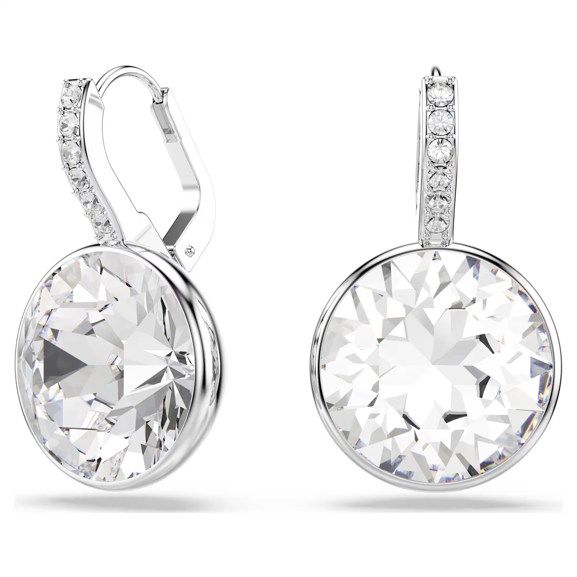 Front view of Millenia Drop Earrings showing large round-cut crystals in bezel settings and pavé-set rhodium-plated lever-back hooks on white background