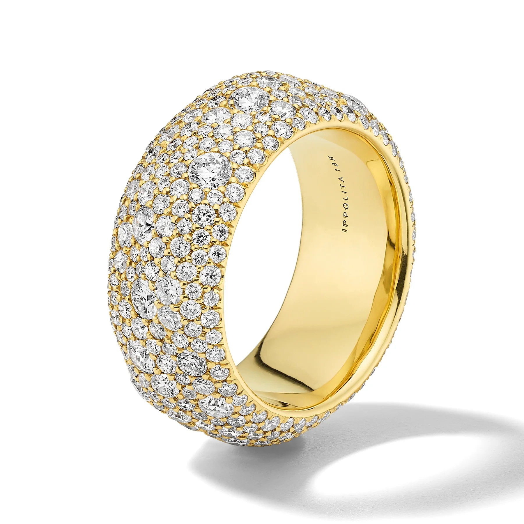 Angled view of 4.35ctw Diamond Pavé Ring, 18K yellow gold, showing undulating pavé of mixed-size white diamonds