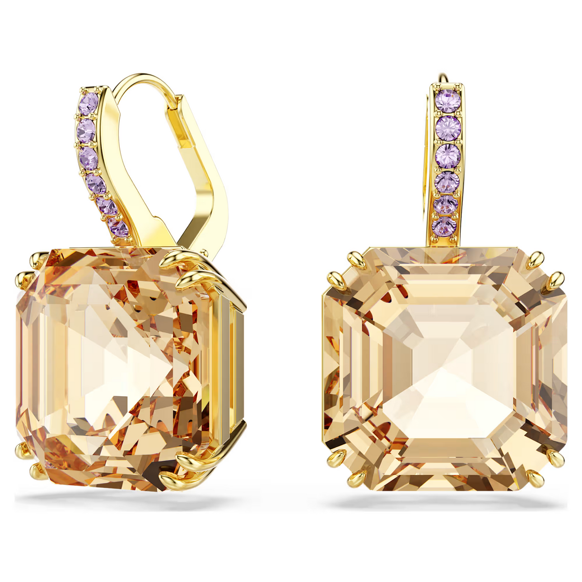 Detail of Millenia Drop Earrings showing asscher cut caramel crystals and purple pave on gold tone hoops on white background