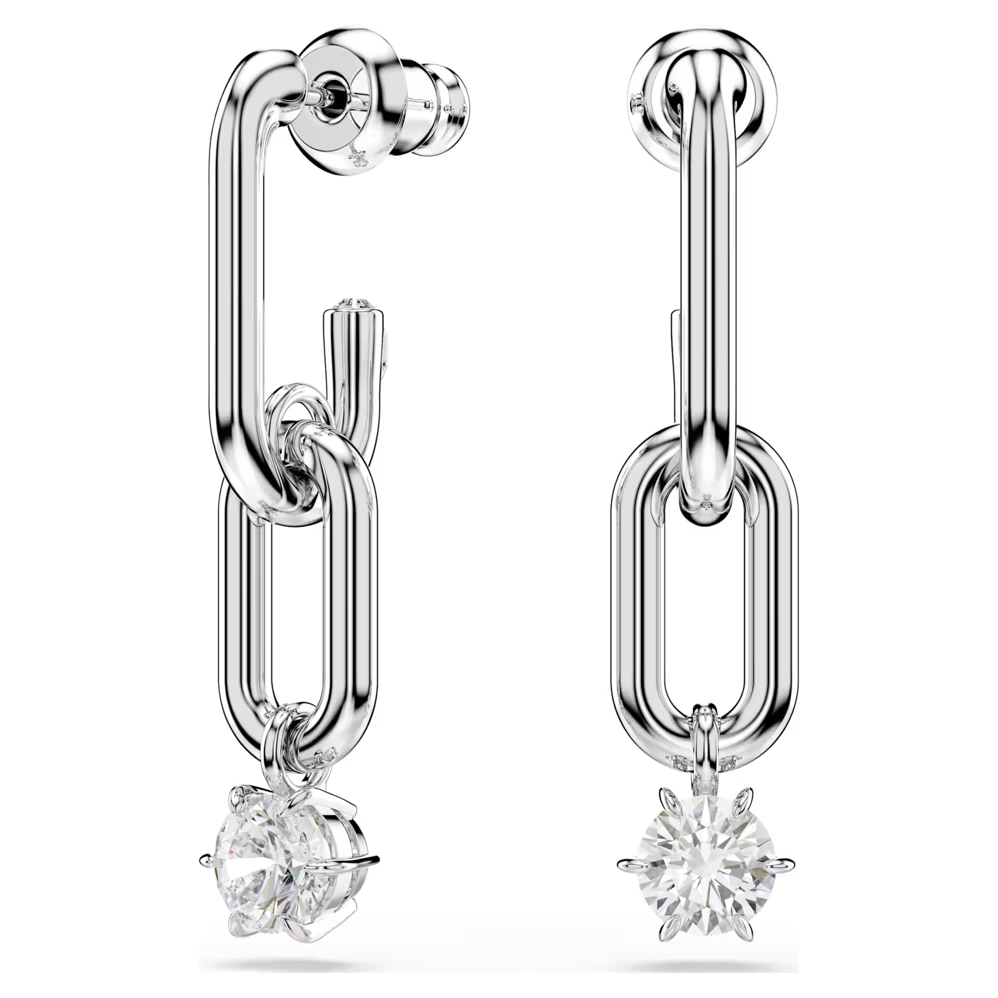 Front and side views of Constella Drop Earrings with rhodium-plated interlocking links and prong-set round zirconia