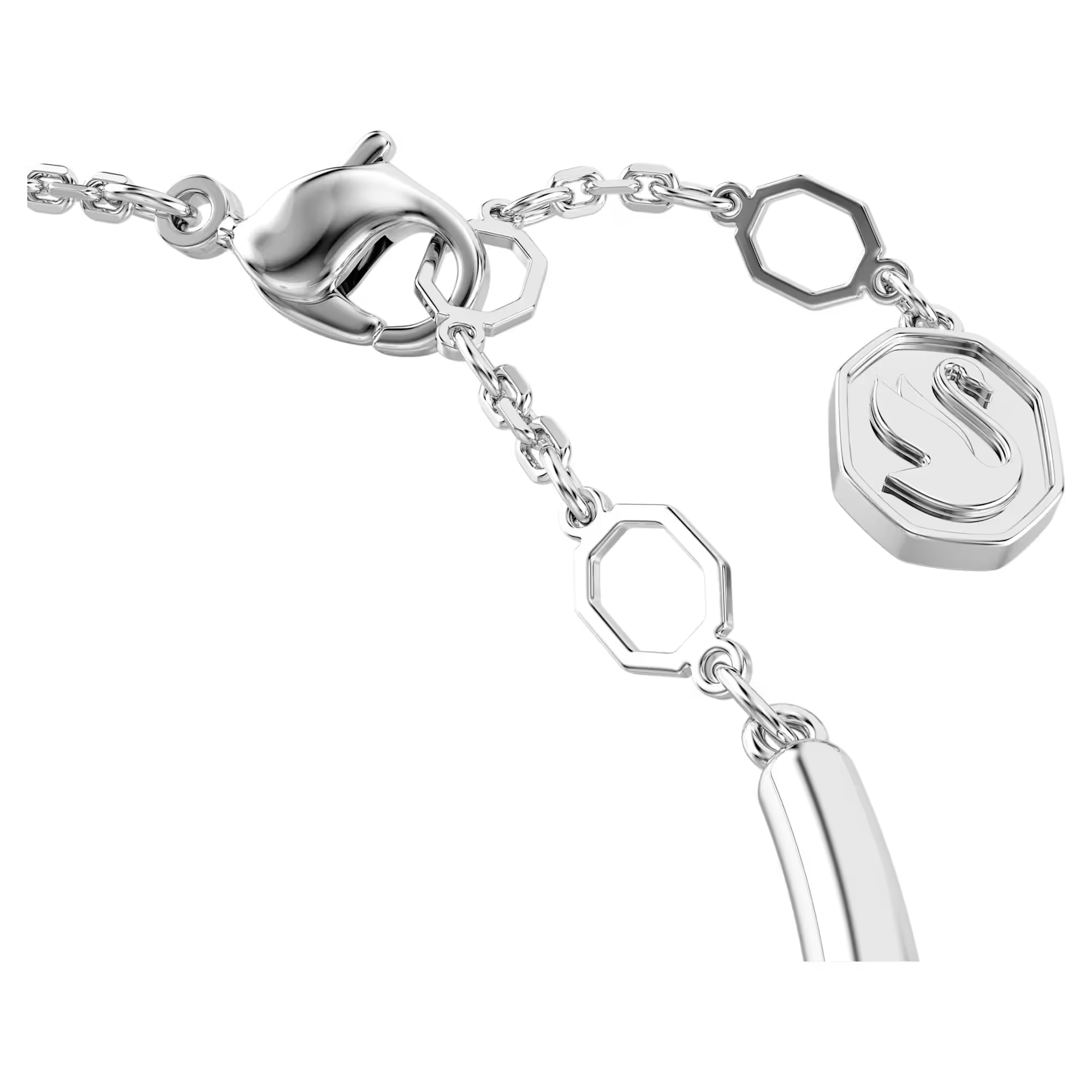 Close-up of Dextera bangle showing rhodium plated lobster clasp, octagon-link extender and logo charm on white background