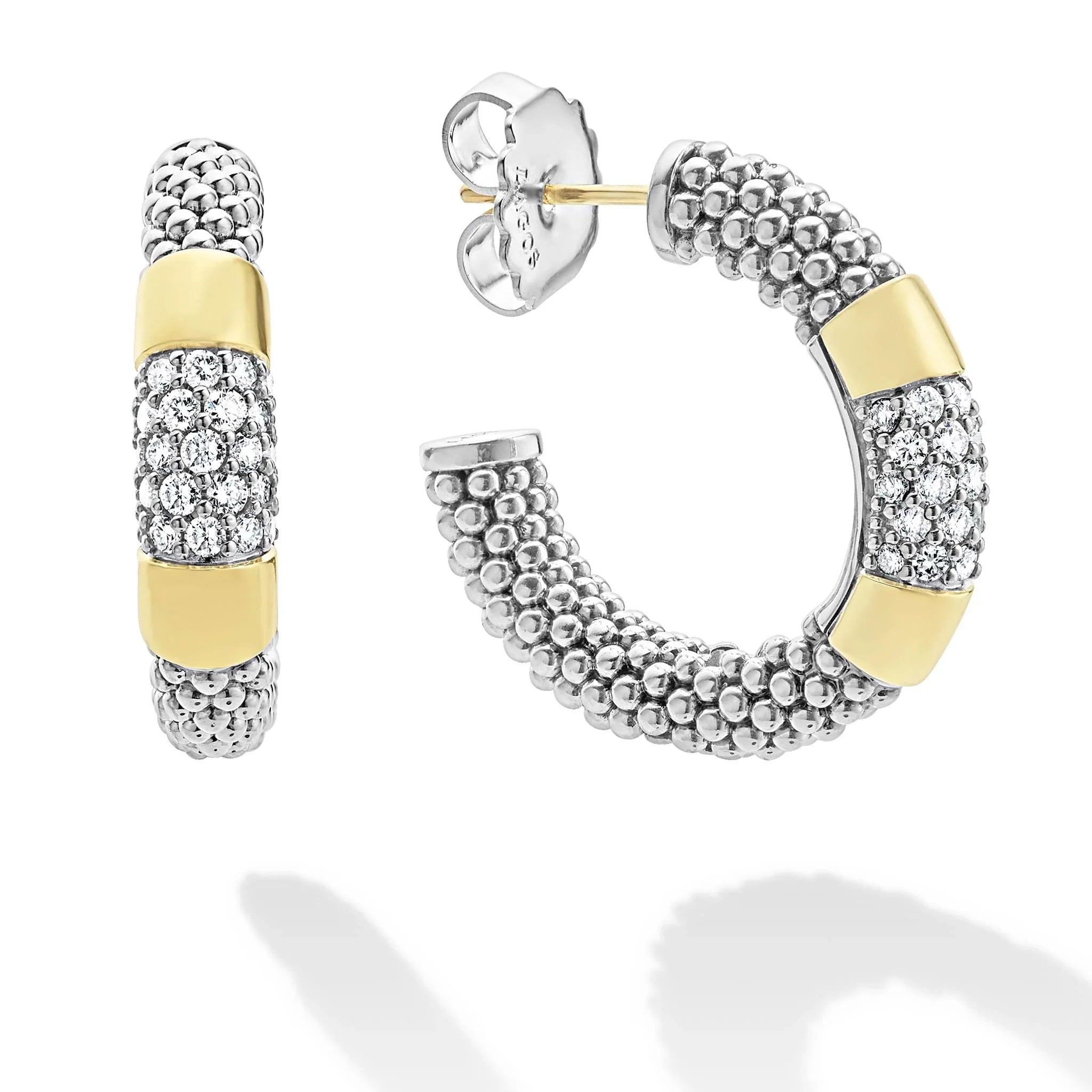 Close-up angled view of Two-Tone Diamond Hoop Earrings showing 0.91ctw pave diamonds, 18K gold accents and sterling silver caviar beading on white background
