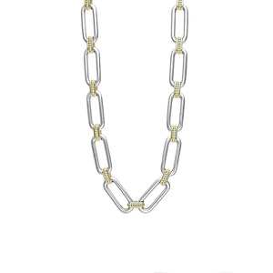 Front view of two-tone link necklace showing sterling silver rectangular links and 18k gold caviar-beaded connectors on white background