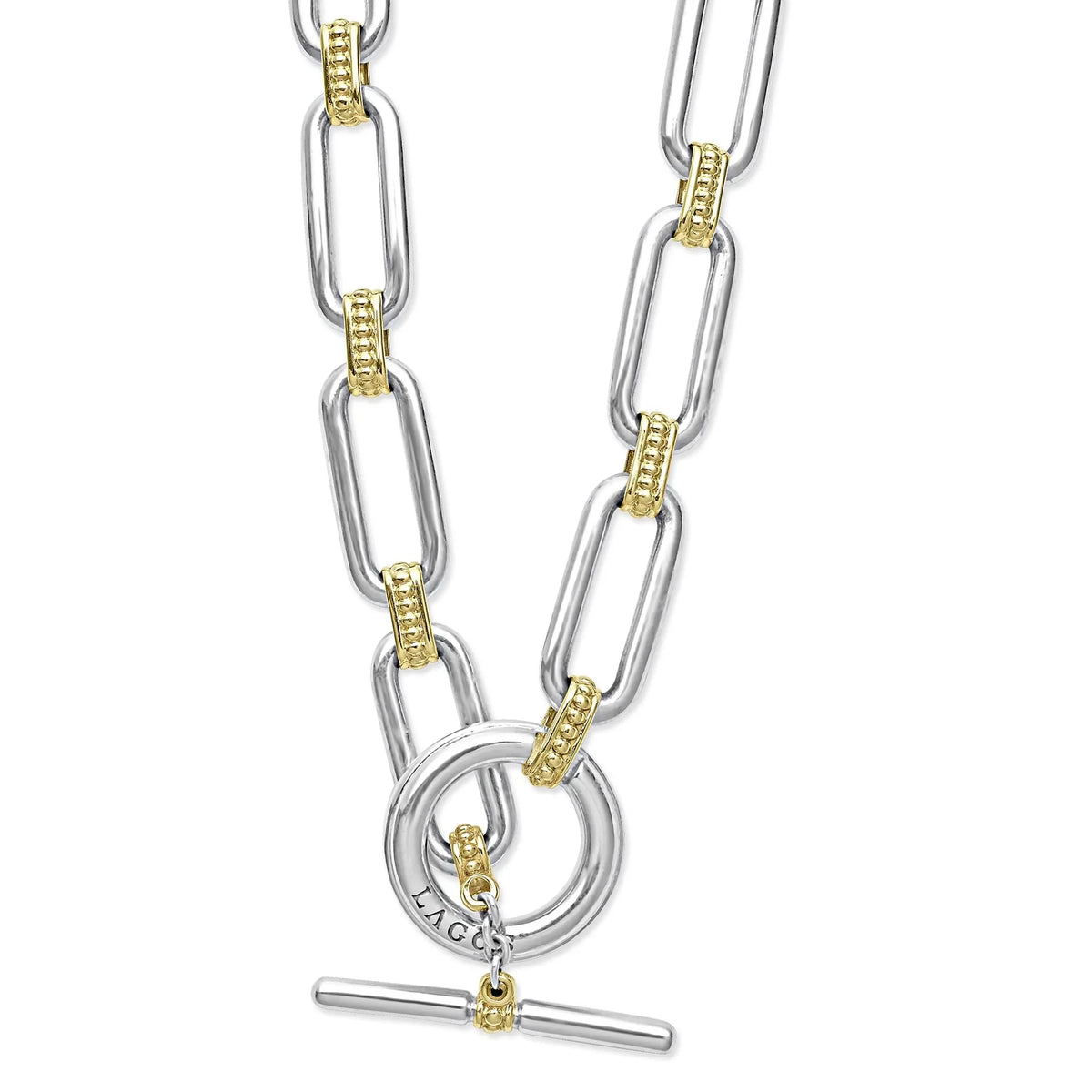 Close-up of two-tone link necklace with sterling silver elongated links, 18k yellow-gold beaded connectors and toggle clasp