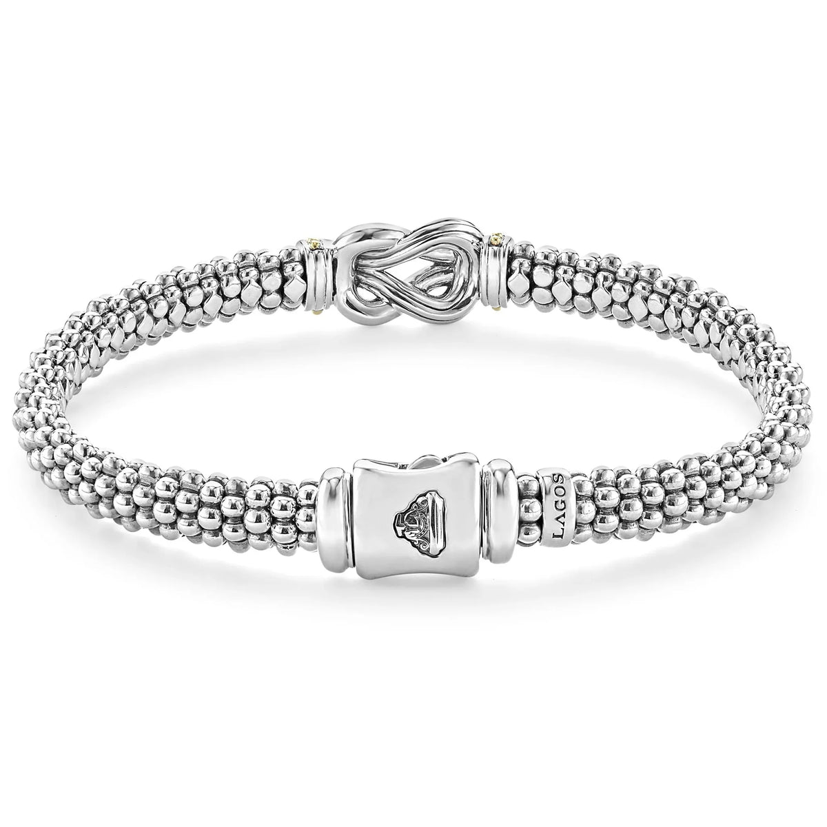 Close-up of Two-Tone Knot Caviar 6mm bracelet showing sterling silver beads, knot with 18K gold accents and branded clasp