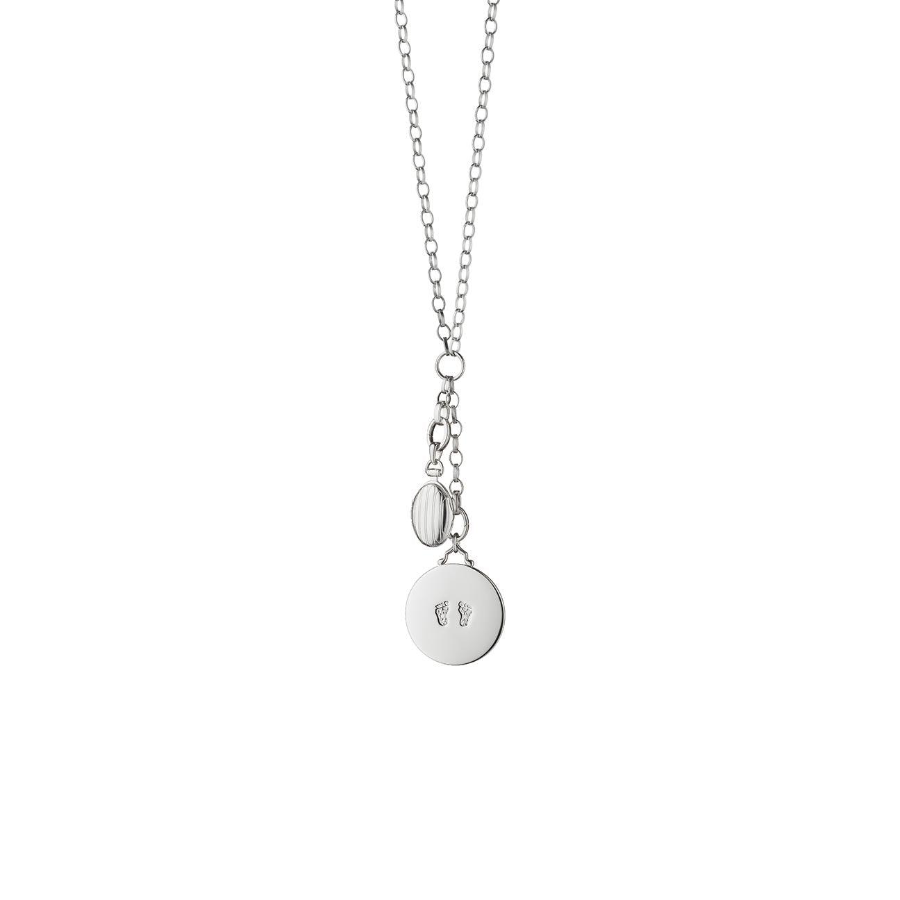 Front view, 34-inch large-link sterling silver charm necklace with round footprint disc and oval charm on white background