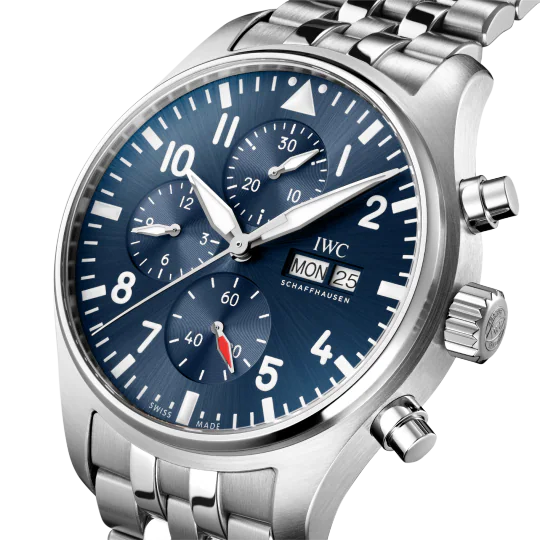 Angled front of Pilot’s Watch Chronograph with blue sunburst dial, three subdials, day-date display and steel bracelet