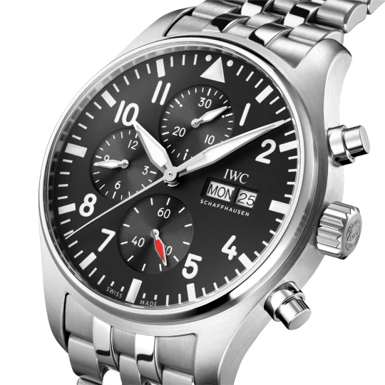Angled close-up of Pilot’s Watch Chronograph, 43mm stainless-steel case, black dial, luminescent hands and day-date window