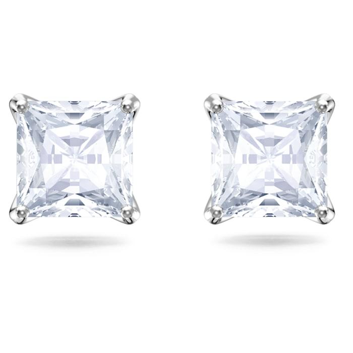 Attract stud earrings, Square cut, White, Rhodium plated