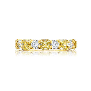 Front view of 18K yellow-gold diamond band with fancy yellow emerald-cut and alternating round white diamonds