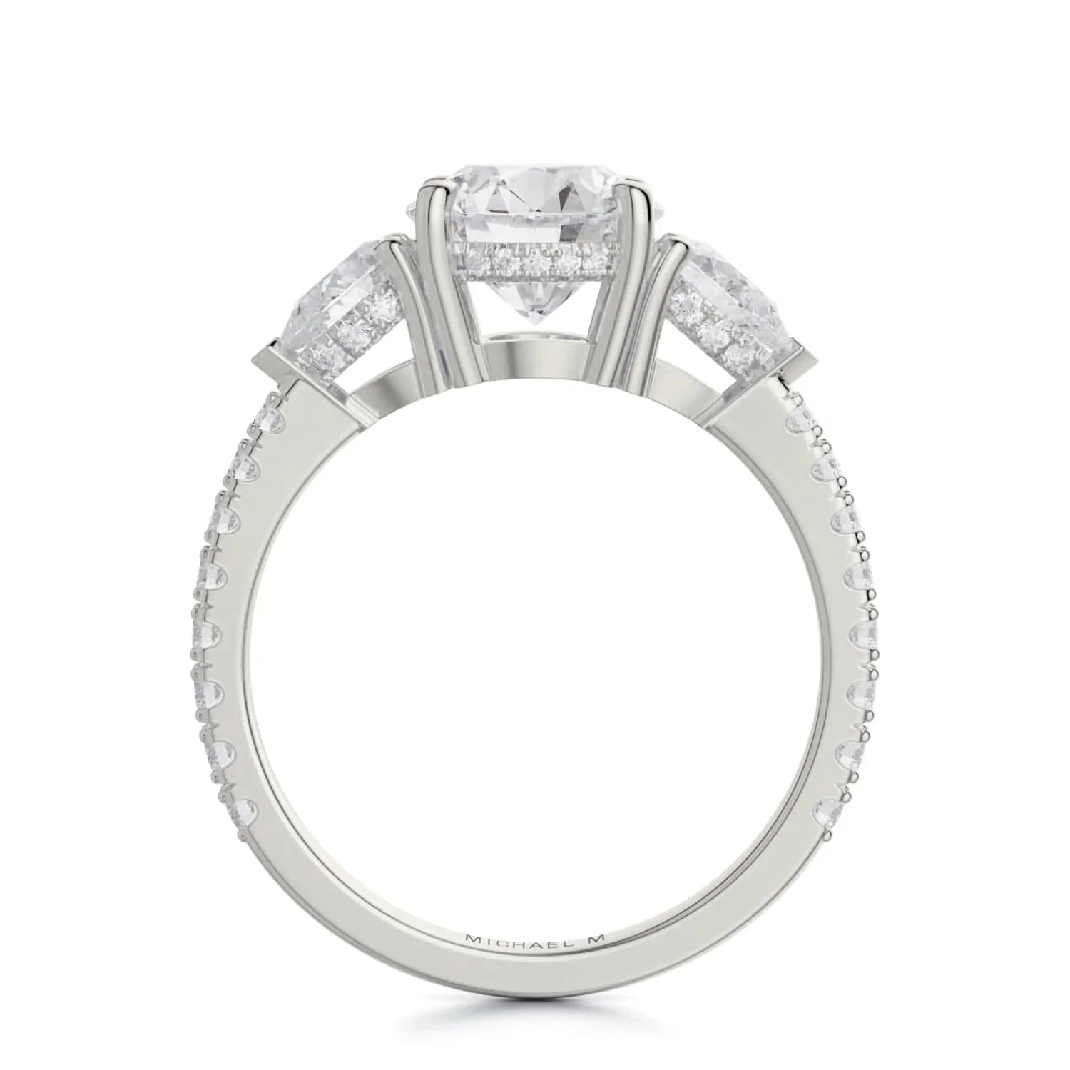 Side view of Michael M 18K white gold engagement ring showing hidden halo and pavé diamond shoulders on white background
