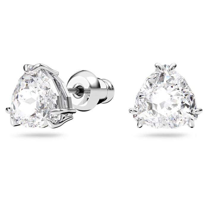 Front and side view of Millenia stud earrings showcasing trilliant-cut white crystals in rhodium-plated prong settings on white background