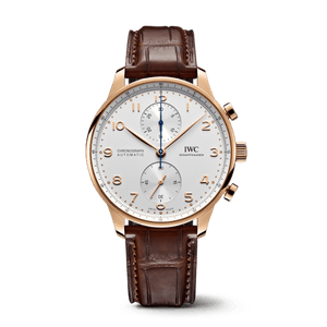 Front view of Portugieser Chronograph with 41 mm 18 ct 5N rose gold case, silver dial with two subdials and brown strap