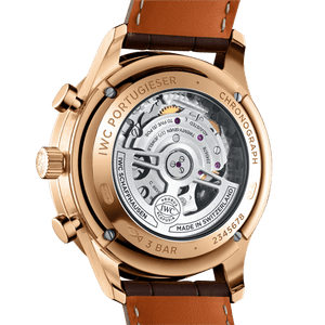 Rear view of Portugieser Chronograph showing exhibition sapphire case back with visible automatic movement and brown strap